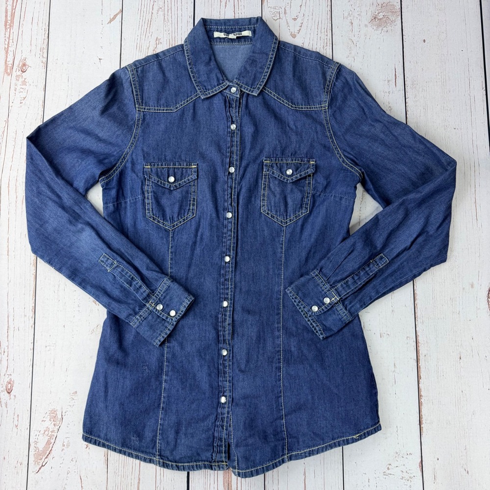 Daniel Rainn Womens Small Denim Western Snap Button Down Shirt Dark Wash 12535